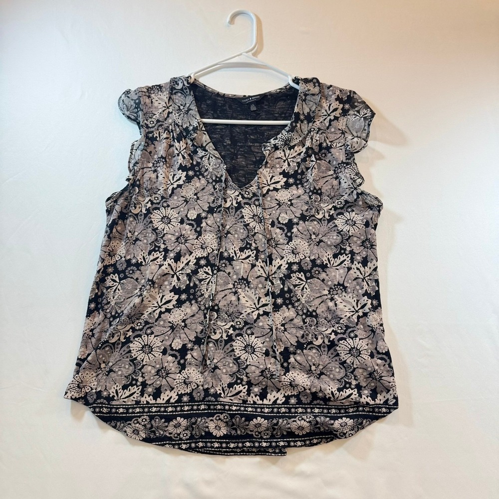 Lucky‎ Brand Womens Grey Black Floral Ruffle Sleeve Tie Neck Blouse Top Large